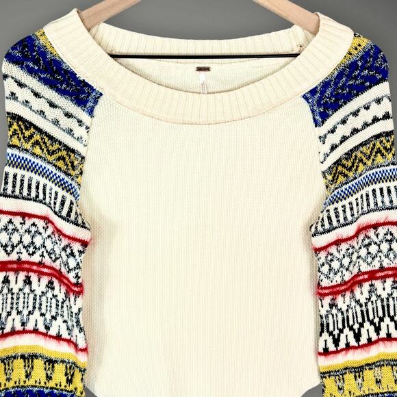 Free People Fairground Thermal Folk Boho Cream Long Bell Statement Sleeve Top XS - Picture 3 of 10